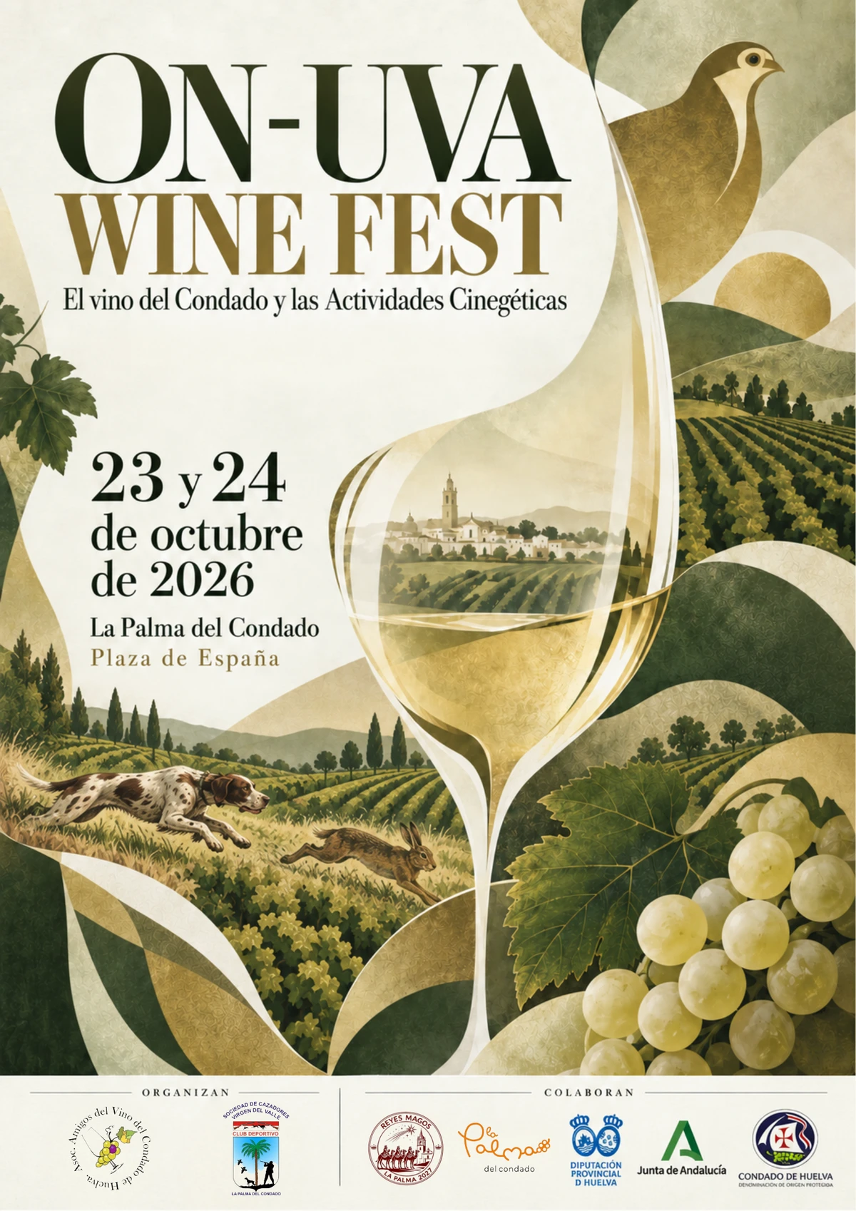 Cartel oficial de ON-UVA Wine Fest: 23 y 24 de octubre de 2026, Plaza de España de La Palma del Condado, con organizadores y colaboradores